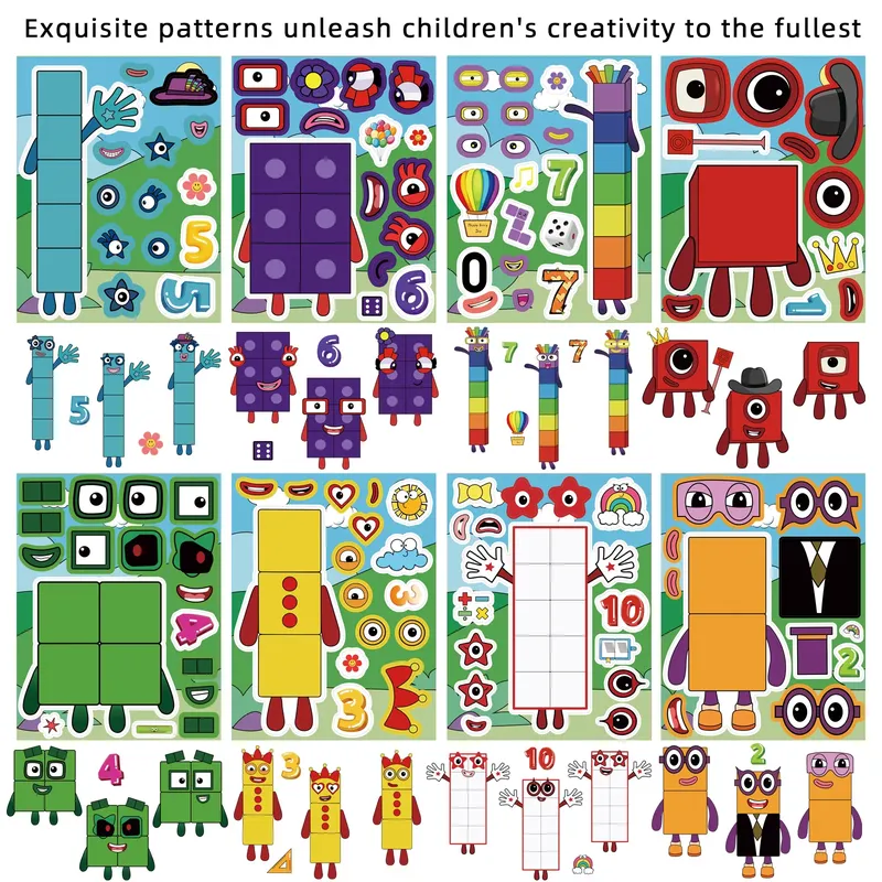8 blätter Kinder DIY Puzzle Aufkleber Digitale Bausteine Machen EIN Gesicht Ändern Aufkleber Kinder Pädagogisches Spielzeug ﻿