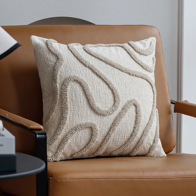 Dekorativer Kissenbezug im Boho-Stil, Chenille, weiche geometrische Linien, Kissenbezüge, 45 x 45 cm, 3-farbiger Kissenbezug, Sofa, Wohnzimmer