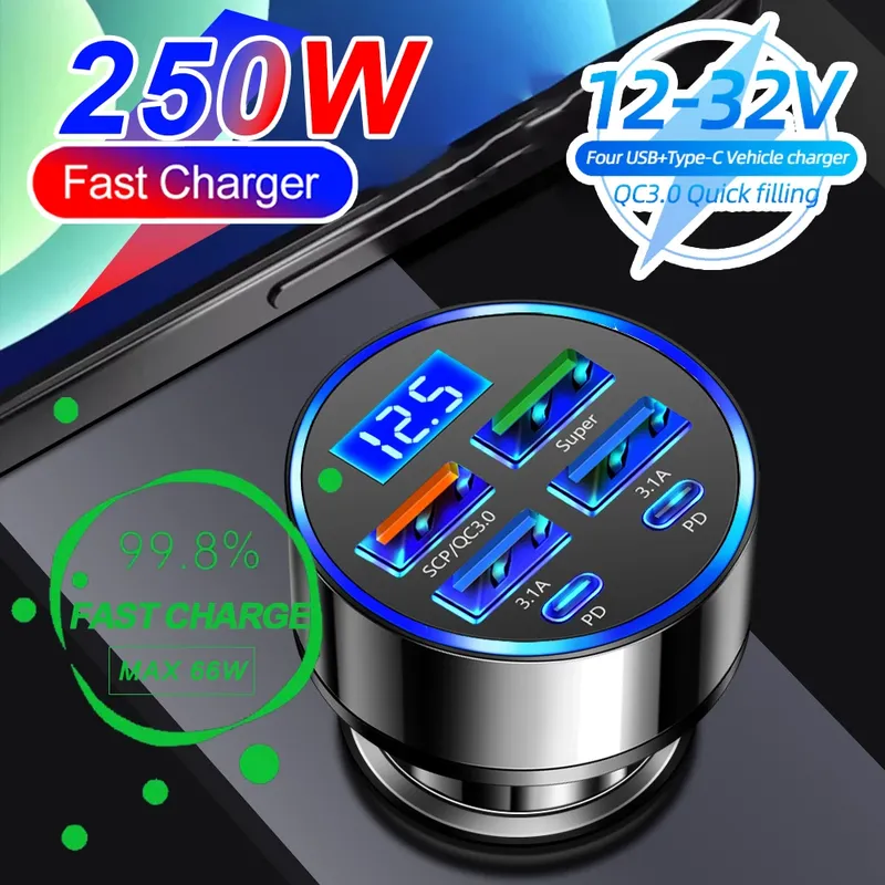 250 W PD Autoladegerät QC3.0 Schnellladung zwei bis sechs Ports Auto-Zigarettenanzünder-Stecker Autoladegerät Blitzladung mit Digitalanzeige