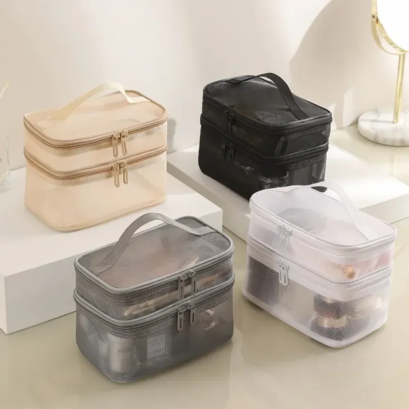 2-lagige Reise-Kosmetik-Organizer-Tasche, transparent, faltbar, Netz-Reißverschluss, Aufbewahrungstasche, großes Fassungsvermögen, Make-up-Waschset-Tasche, 2025