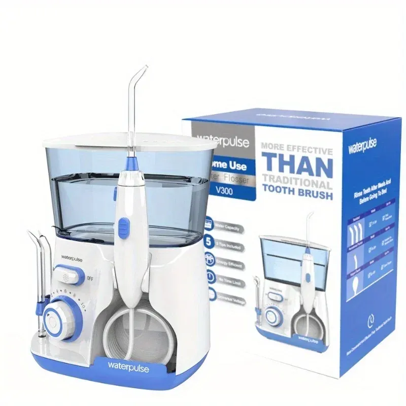 Waterpulse V300 Elektrischer Wasserflosser Hochdruck-Munddusche zur Zahnreinigung Zahnspangen Zahnfleischpflege 5 Düsen Tragbar