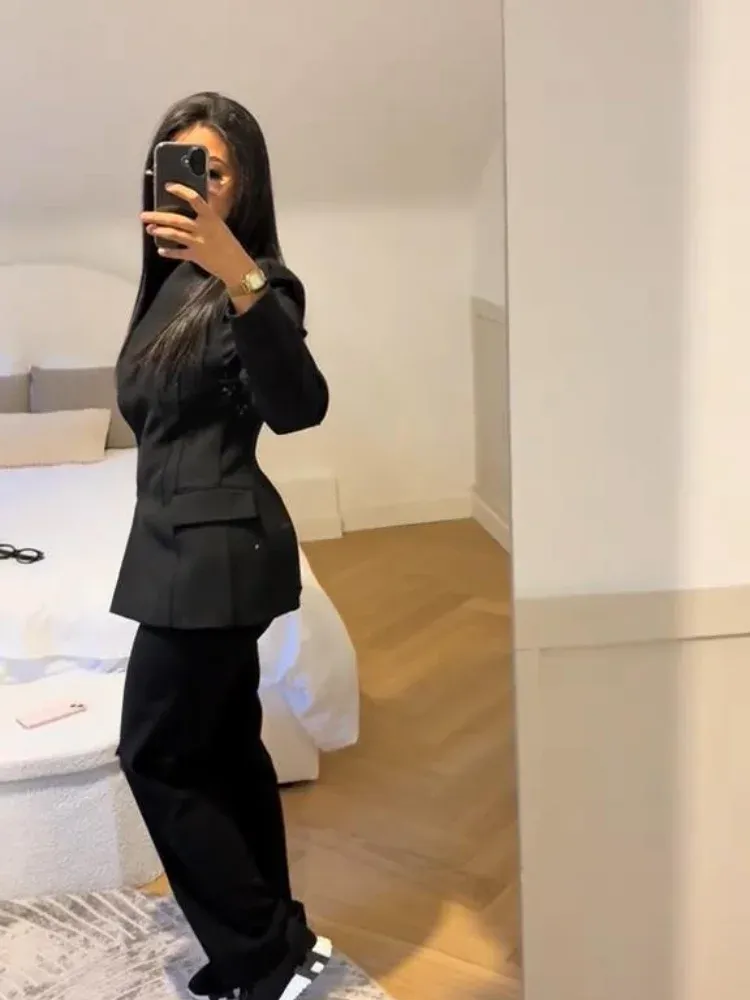 Damen-Blazer mit Bindegürtel, übergroß, gepolstert, Schulterstruktur, langärmelig, Jacke, lässig, formell, Büro, Streetwear, Outfit