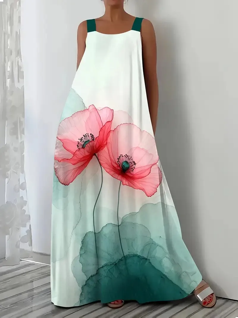 Übergröße, europäisches und amerikanisches grenzüberschreitendes Frühlings- und Sommer-Hot-Sale-Casual-Kleid mit Urlaubsdruck und Hosenträgertasche