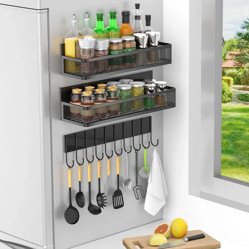 Magnetischer Kühlschrank-Organizer – Gewürzregal für die Küche ohne Bohren mit Haken, seitlich montierter Utensilienhalter für Gewürze und Papierschleppen