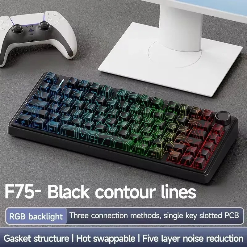 AULA F75 Kabellose mechanische Gaming-Tastatur, RGB-Licht, maßgeschneidert, 75 % Layout, Tri-Modi, seitlich geschnitzt, PBT-Tastenkappen-Tastatur