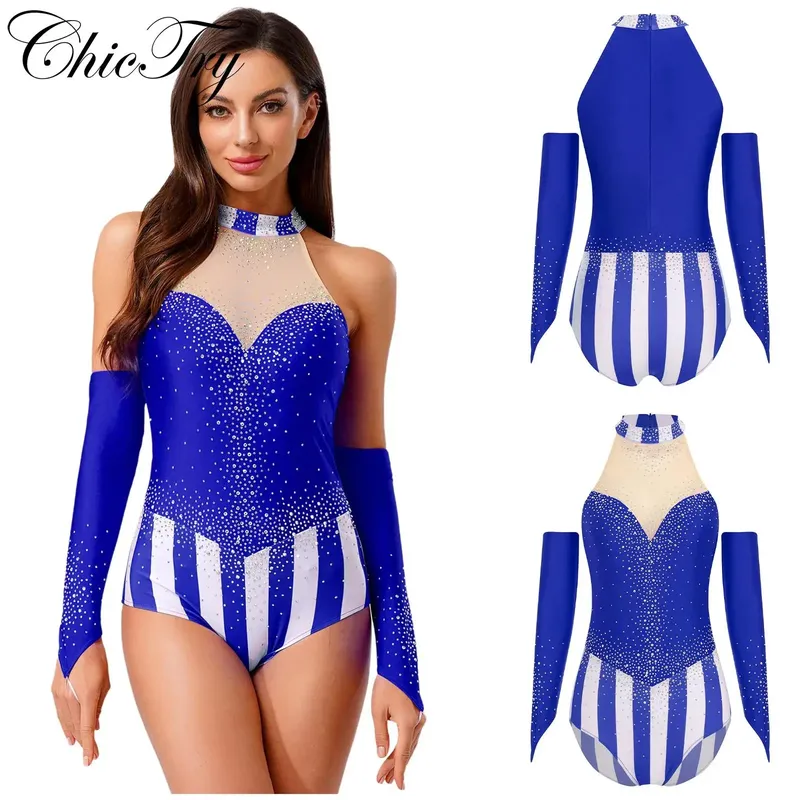 Zirkusdirektor-Kostüm für Damen, Halloween, Cosplay, Party, Body mit Handschuhen, Sets, Strass, gestreift, Trikot, Karneval, Anzieh