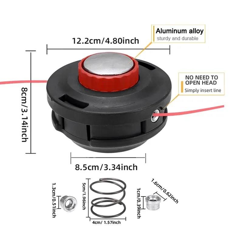 1 Stück neuer Lager-Unkrautkopf, Montageloch M10 x 1. 25 mm, mit 1 hochwertigen Feder- und 2-Seil-Auslass-Aluminiumschnallen, langlebiger Lagerdesign, kein Öffnen der Abdeckung, um das Kabel mit leichtem Druck zu löschen, hochtemperaturbeständiges Design, hochtemperaturbeständiges Grastrimm-, Grastrimmen, ideale Rasentrimmung der Kabel zu gewinde