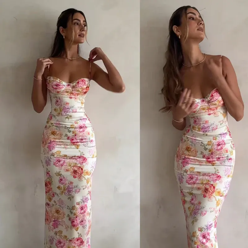 Neue Floral Hosenträger Split Schlank Ärmellose Patry Strand Stil Spaghetti Strap Kleid Frauen Kleidung Mini Kleid 2024 Sommer