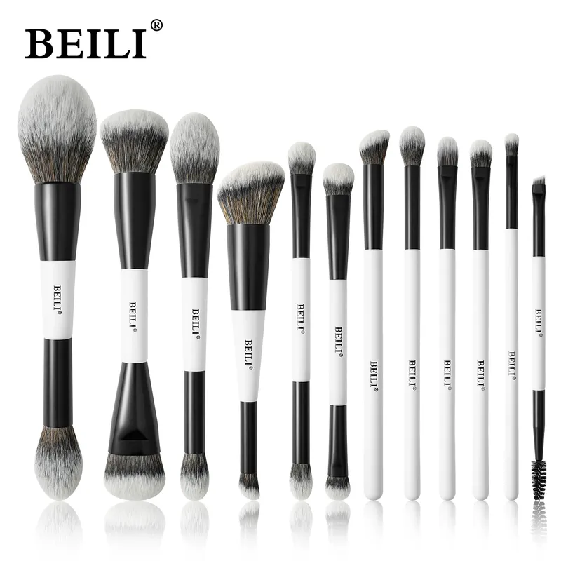 BEILI Dual-Ended Make-up-Pinsel-Set, professionell, 12-teilig, vegane Kontur, Foundation, Puder, Augenbrauen, Bronzer, Pinsel, Kosmetik-Set