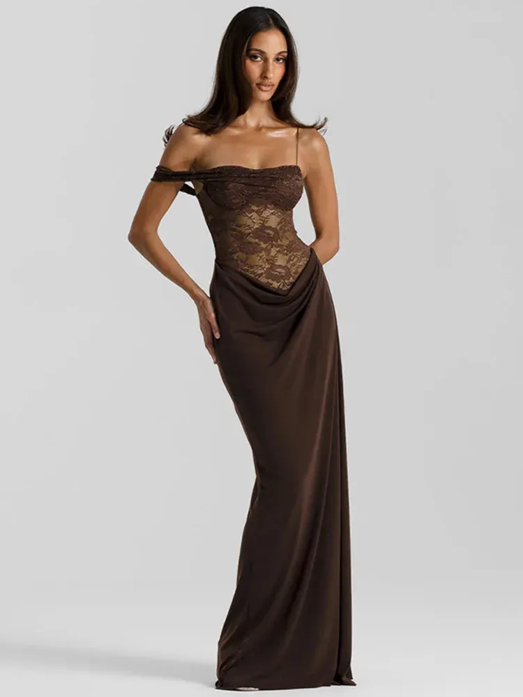 Mozision One-Shoulder-Spitze, durchsichtig, sexy Maxikleid, Damenkleid, modisch, schulterfrei, ärmellos, rückenfrei, lange Club-Kleider