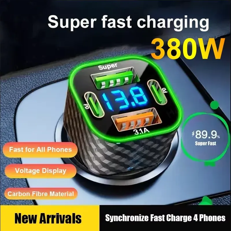 380W USB-C Auto-Handyladegerät Dual PD 4-in-1 mit Spannungsanzeige Superschnelles Ladeadapter für iPhone Oppo Vivo Samsung