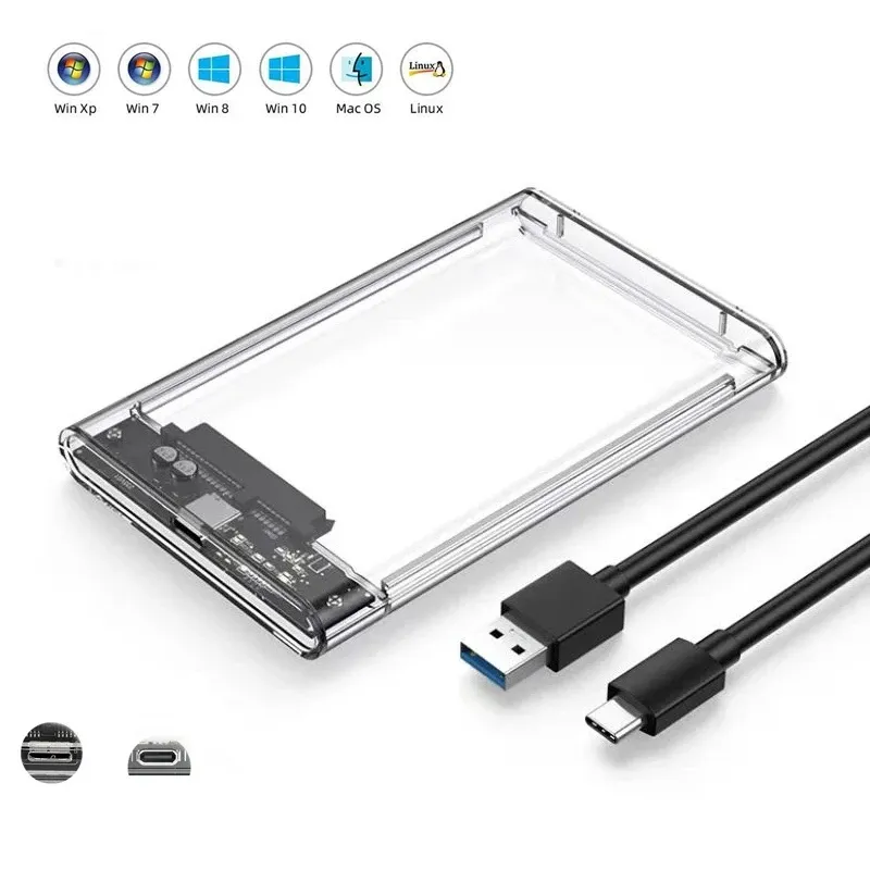 2,5" HDD SSD-Gehäuse USB 3.0 Typ C Transparentes HDD-Gehäuse, externe Festplattengehäuse für Laptop SATA Box SSD-Festplattenbox