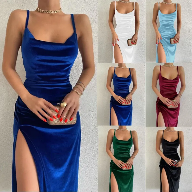 Samt Swing Kragen Ärmellose Slip Sexy Schlitz Maxi Kleid 2024 Neue Mode Abend Party Frauen Elegante Street Y2K