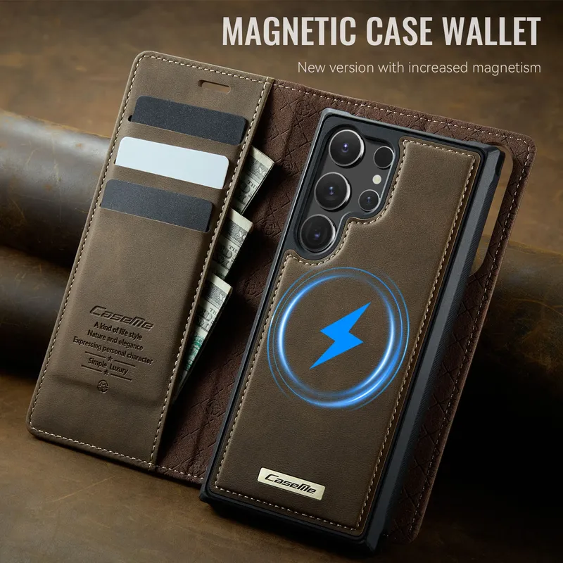 2-in-1 magnetische kabellose Lade-Leder-Geldbörsen-Handyhülle für Samsung Galaxy S25 Ultra S24 FE S23 Plus S22 S21 S20 Flip Cover