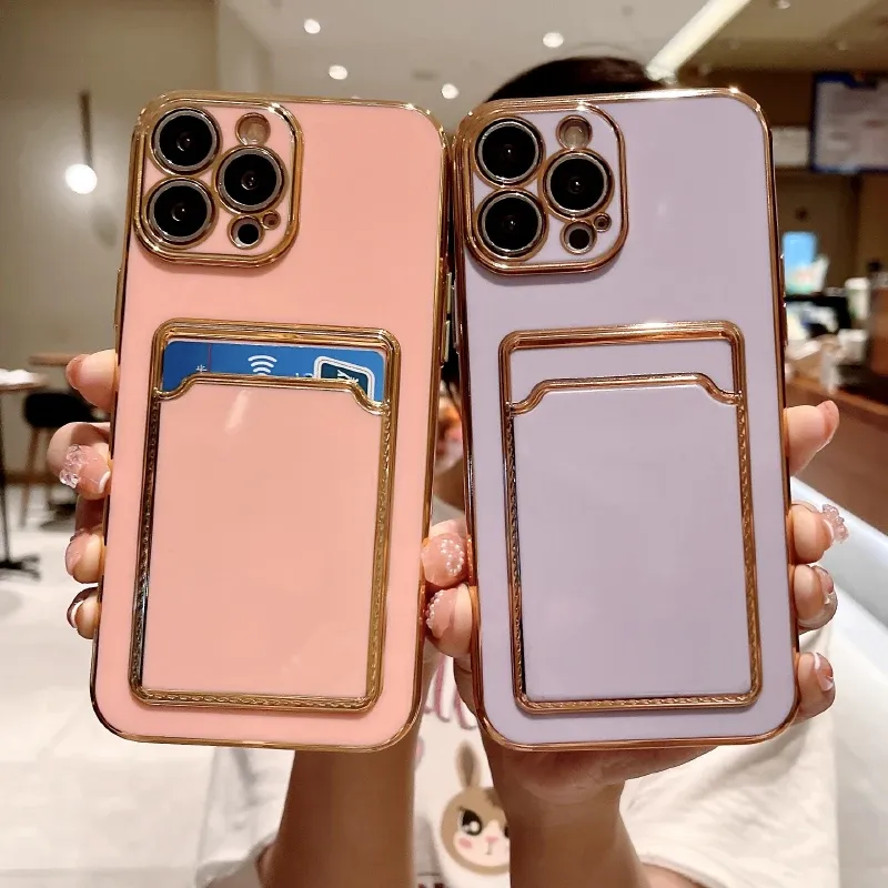 Luxuriöse, einfarbige, plattierte Brieftasche, Kartensteckplatz, weiche TPU-Telefonhülle für iPhone 16 Pro Max, 14, 11, 12, 13, 15 Pro Max, Stoßstangen-Rückseite