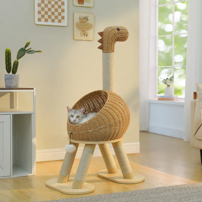Dinosaurier-Kratzbaum-Turm mit Sisal-Kratzbaum, großer Rattan-Katzenschnitt für den Innenbereich, Korb-Katzenbett mit abnehmbarer Matte, Katzenspielzeug