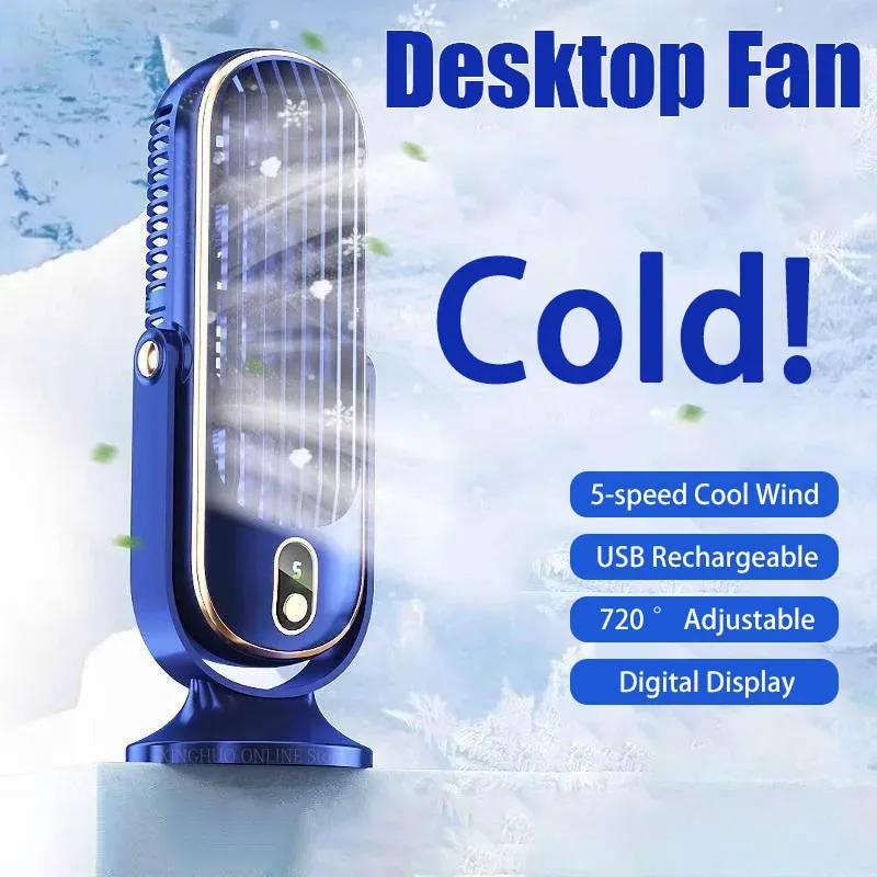 Elektrischer Desktop-Lüfter, wiederaufladbar, tragbar, für Zuhause, Klimaanlage, Ventilator, 5 Geschwindigkeiten, 720 °   Drehbare Luftkühler-Tischventilatoren für Outdoor-Camping