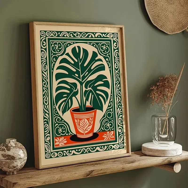 Böhmische Monstera-Pflanze, Leinwanddruck, Retro-Tropenpflanze, grünes Blatt, Wandkunst, Poster für modernes Wohnzimmer, Bauernhaus, Heimdekoration