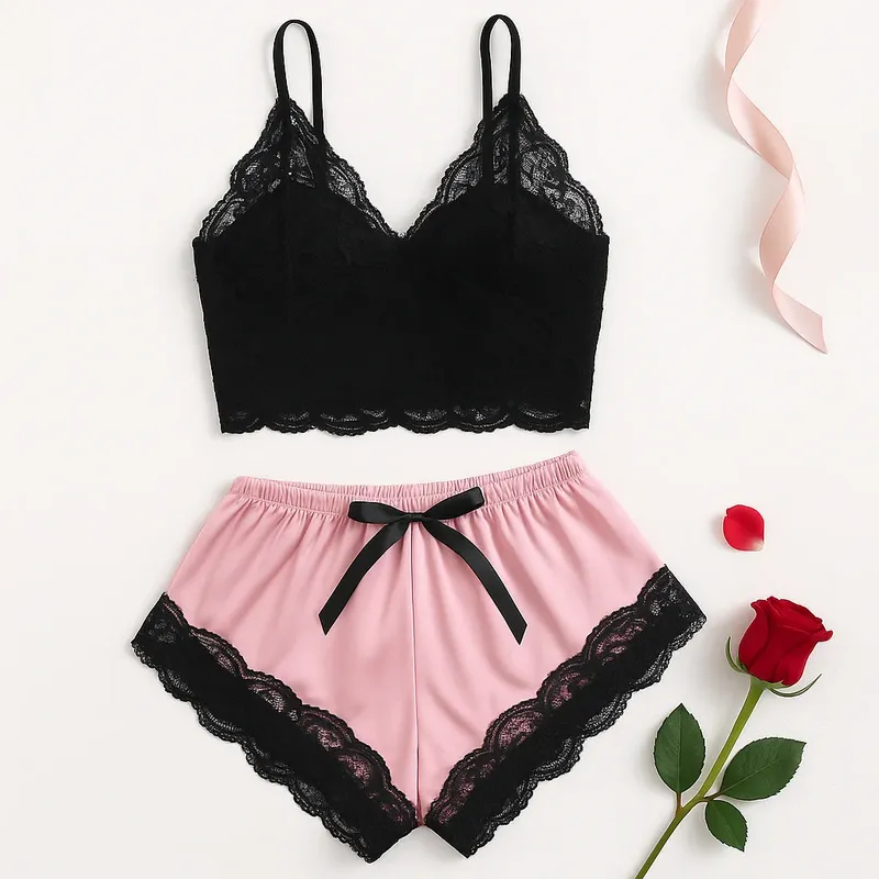 2-teiliges sexy Spitzen-Pyjama-Set für Damen, durchsichtiges Bralette, Cami-Top und Shorts, atmungsaktive Nachtwäsche, Sommer-Dessous in Übergröße