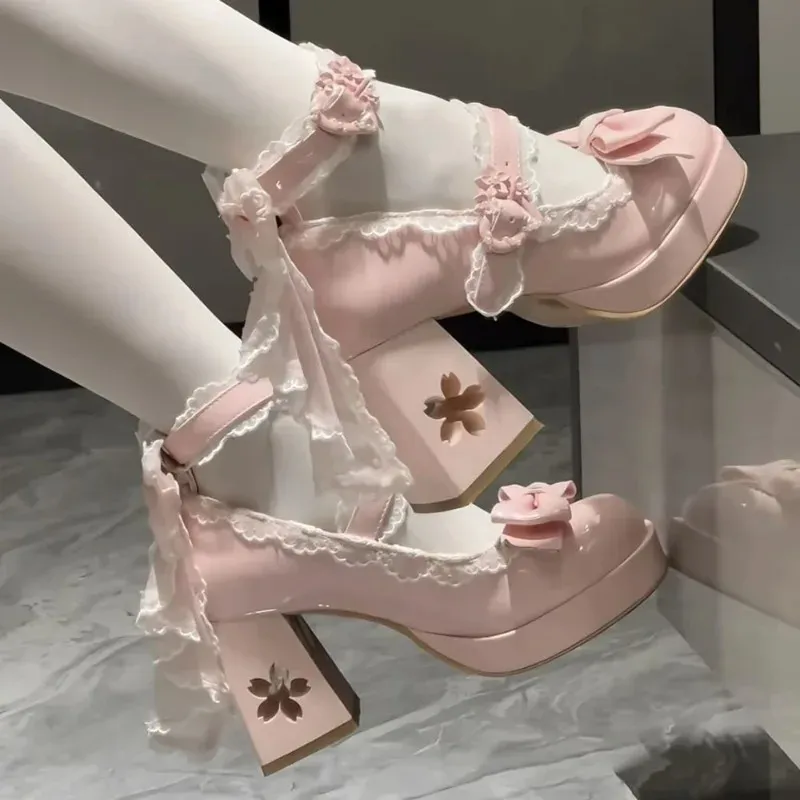 Schöne Mädchen Lolita Schmetterling Knoten High Heels Plateauschuhe, junge Frauen Studenten süße Sakura Hochzeitskleid Mary Janes