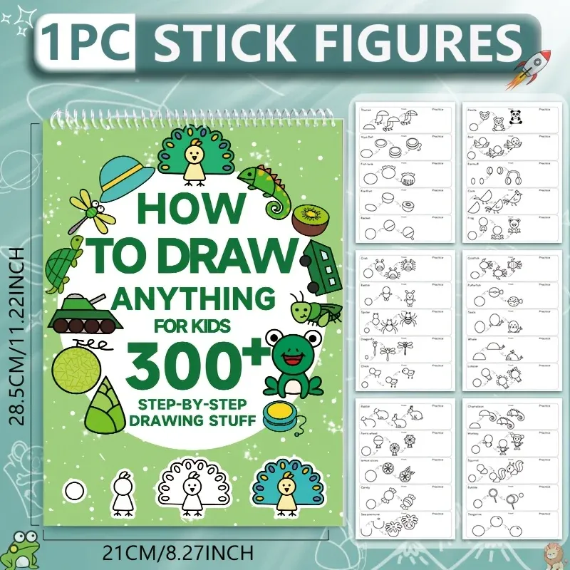 300+ Schritt-für-Schritt 1 Stück Green Stick Figur Zeichenbuch Kunstlernen Malzubehör mit Cartoon-Dinosaurier- und Frosch-Designsbuch