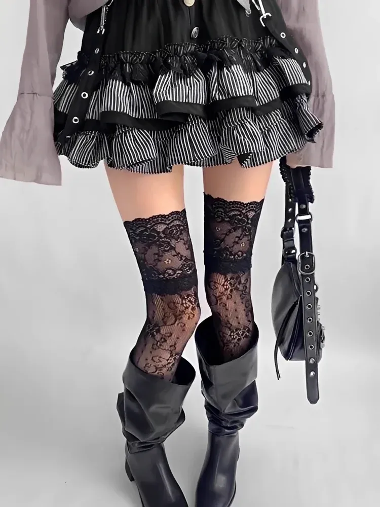 Sexy Spitzen-Netzstrümpfe für Damen, Kostüme, JK-Lolita-Stil, Oberschenkelhohe Socken, Nylon-Mesh, atmungsaktiv, über dem Knie, lang