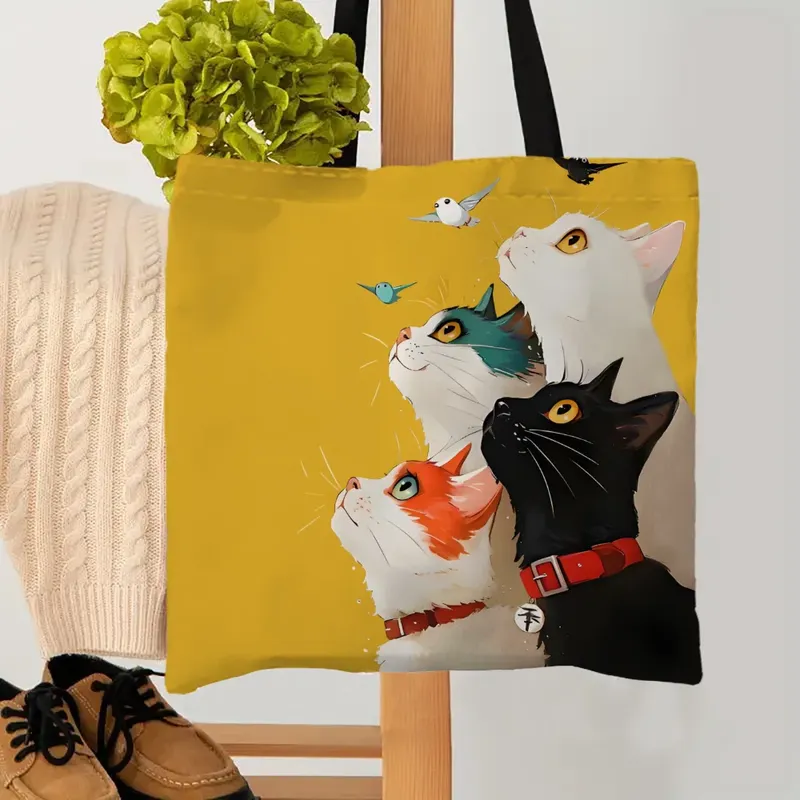 1 Stück gestapelte Katzenhandtasche, wiederverwendbare modische Handtasche, multifunktionale Handtasche, bedruckte Einkaufstasche aus Segeltuch