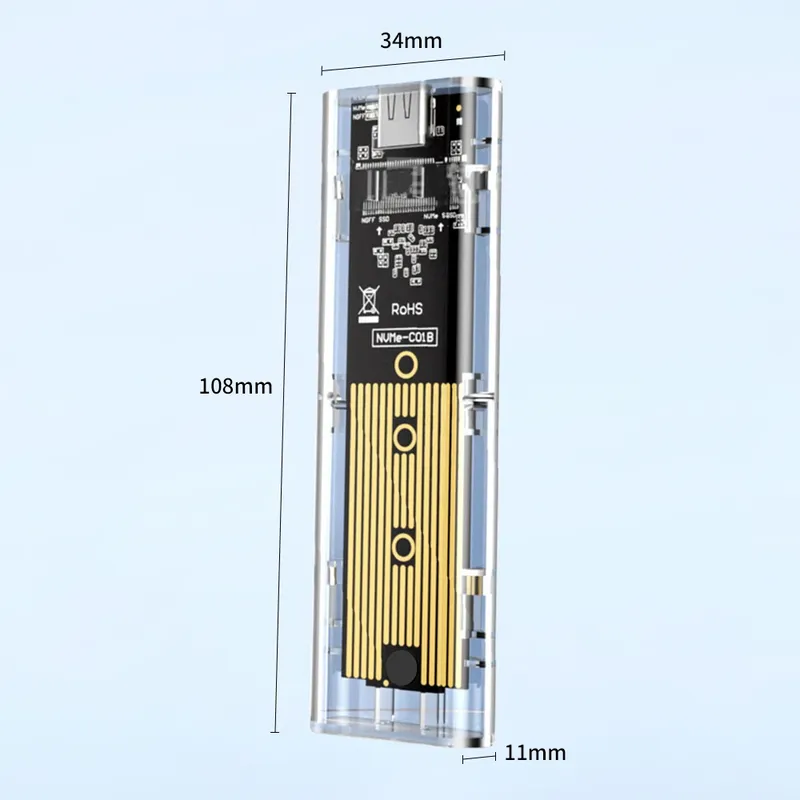 M.2 NVME PCIe NGFF SATA Dual Protocol SSD-Gehäuse Klare USB Typ C 10 Gbit/s PCI-E M2 SSD Transparentes externes Gehäuse Festplattenbox