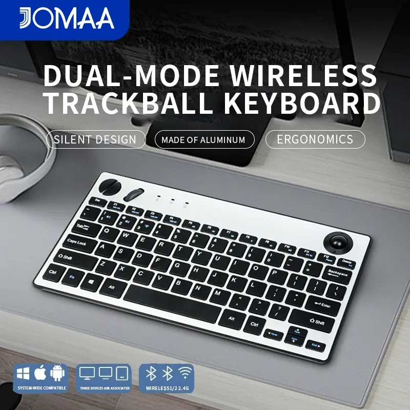 JOMAA Kabellose Tastatur mit Trackball Air Mouse 1600 dpi Bluetooth-Tastatur für TV, iPad, Telefon, Laptop, Slient Click-Tastatur