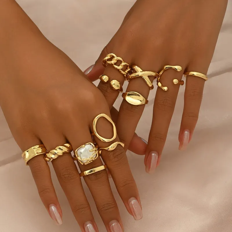 12-teiliges Set neuer unregelmäßiger geometrischer Ring aus legiertem Metall, verstellbarer Fingerring für Frauen, modischer Statement-Schmuck, Party N - 3.04 EUR