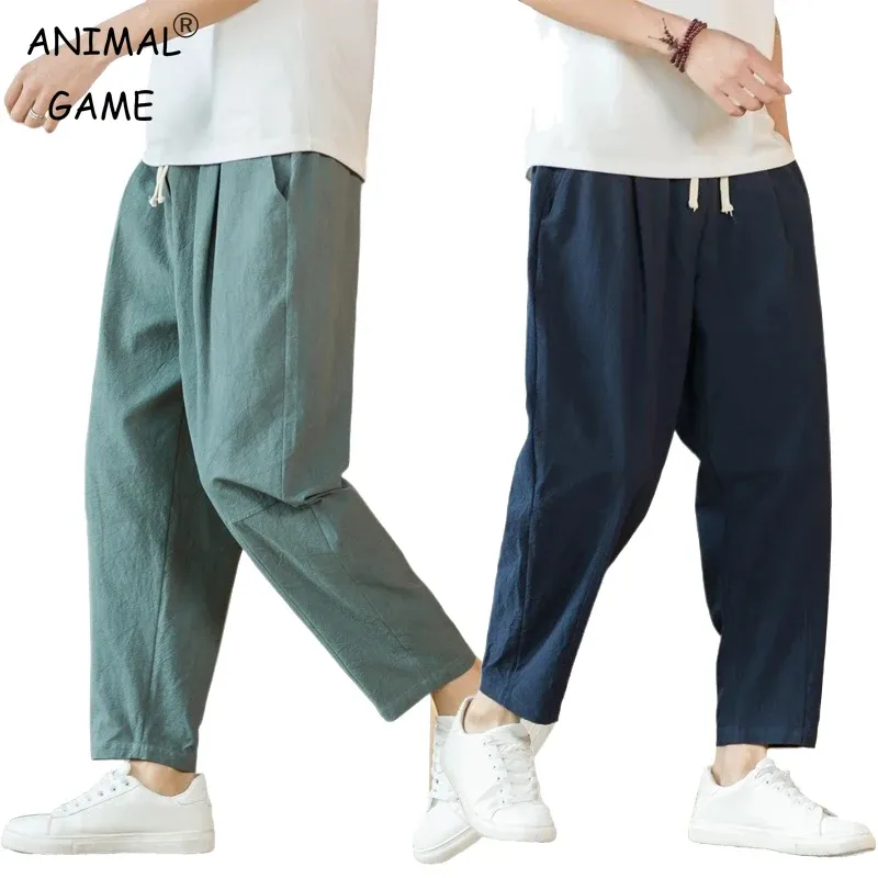 Neue Baumwolle Leinen Herren Hosen Casual Einfarbig Atmungsaktive Streetwear Lose Gerade Kordelzug Baggy Leichte Sport Hosen