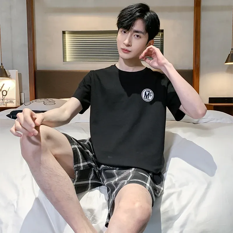 Herren-Sommer-Pyjama-Set, kurzärmelig, Cartoon-Streifenmuster, Homewear-Shorts, lässige Schlafkleidung für Teenager und Studenten, bequeme Hauskleidung