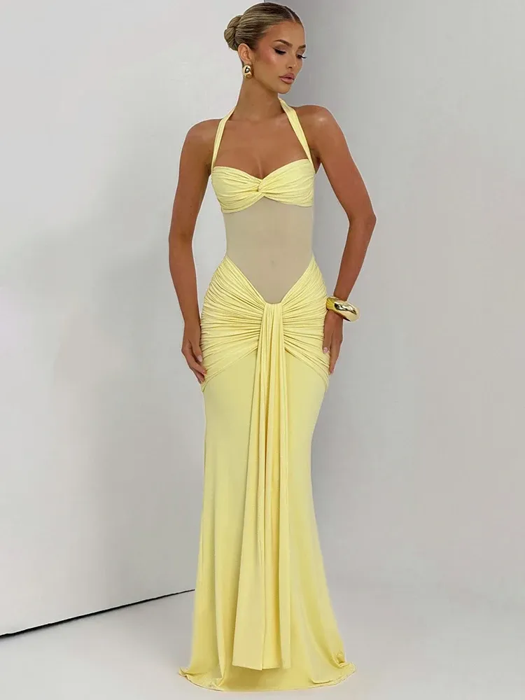 Mozision Halter-Backless Sexy Maxi Kleid Frauen Mode Patchwork Off-schulter Ärmellose Geraffte Drapierte Bodycon Club Party Kleid