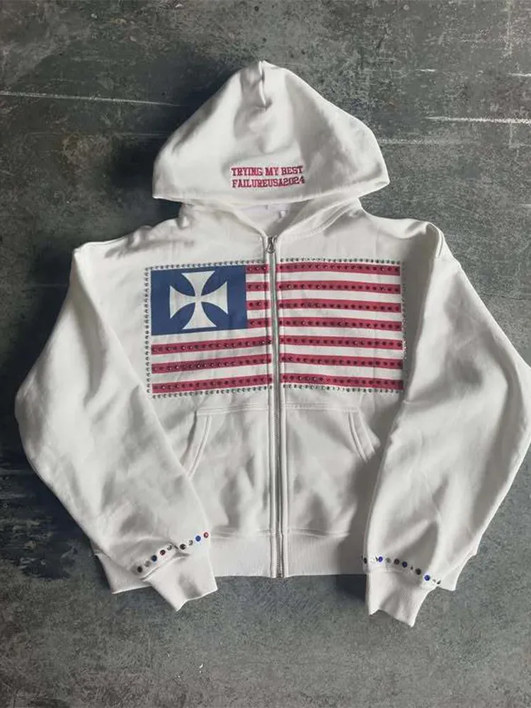 Herbst neue Nationalflagge minimalistisches Design Farbe Kollision Muster Männer Kapuzenpullover Harajuku Y2k lose Reißverschluss Sweatshirt
