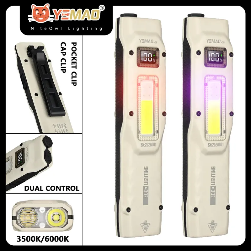 Tragbare 880LM YEMAO M28 Ultradünne taktische Arbeitstaschenlampe mit Zwei-Wege-Klemme 1000 mAh Dual-Core XPL-Docht Digitalanzeige IPX4