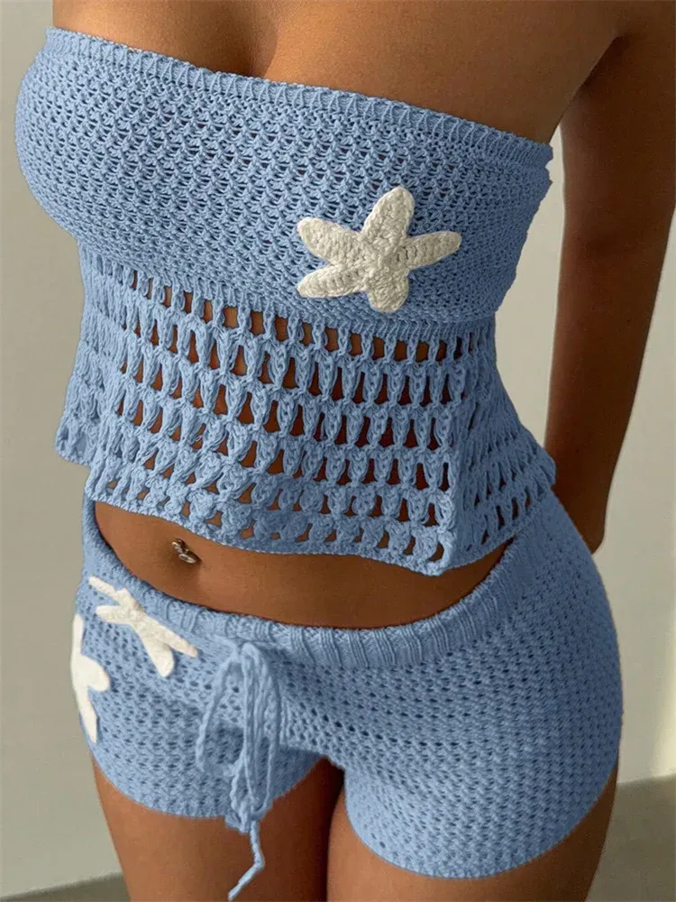 CHRONSTYLE Damen 2-teiliges Häkel-Outfit, Stern-Patchwork, gestrickt, schulterfrei, trägerlos, bauchfreies Röhrenoberteil, elastische Taille, Mini-Shorts