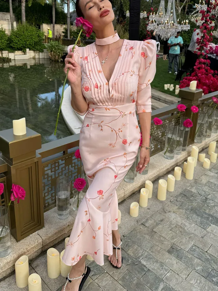 Tossy Elegantes bedrucktes langes Kleid mit V-Ausschnitt, weiblich, hohe Taille, Bandage, schlankes Kontrast-Partykleid, Abendkleid, Damen-Maxikleid mit Schnürung
