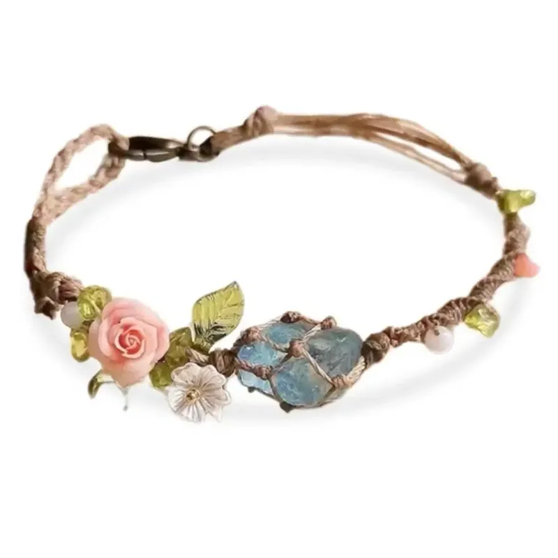 Natürlicher Rosenquarz, Aquamarin-Stein, Perlen, handgefertigtes Armband, Makramee-Kristall, Netzwickel, verstellbares Seil, Unisex, Freundschaftsgeschenk