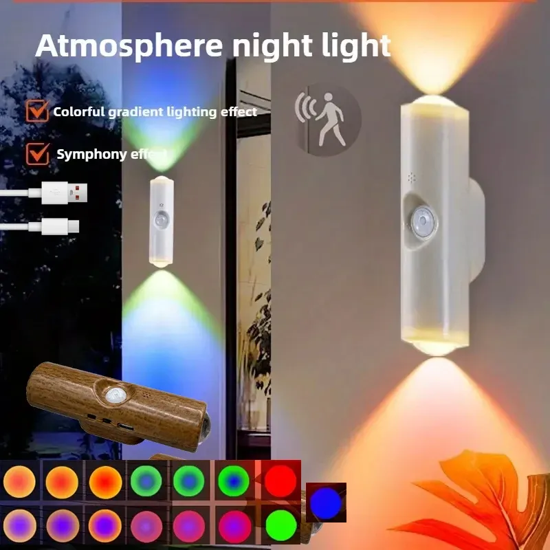 LED Nachtlichter Doppelkopf Sonnenuntergang Wandleuchte Bewegungsmelder RGB Umgebungslicht Magnetische USB wiederaufladbare Party Korridor Schränke