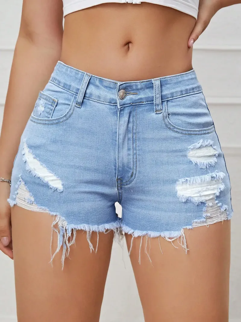 Zerrissene Raw Denim Shorts Für Frauen Mode A-linie Saum Weibliche Sommer Hot Pants Streetwear Blau Kleidung Dünne Sexy Retro Freizeit