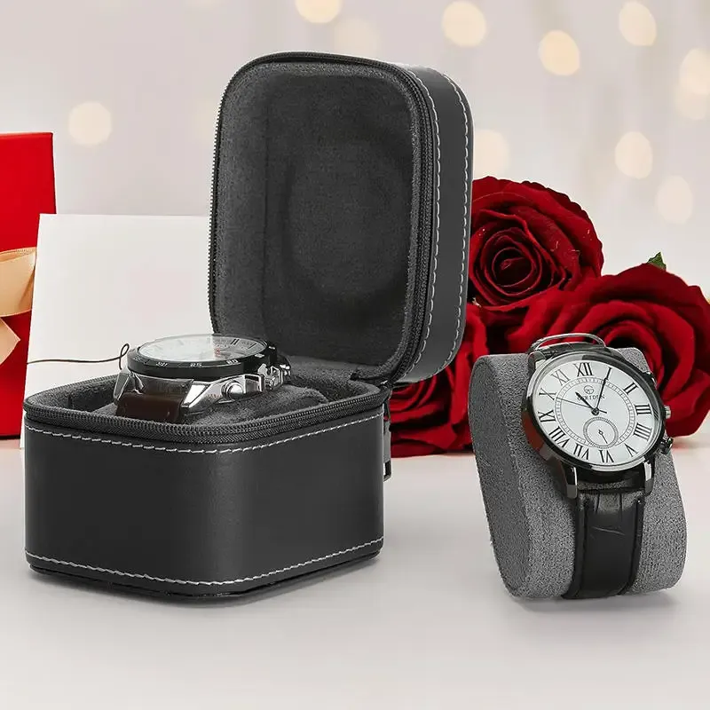 Einzelnes Uhrengehäuse, Leder-Uhren-Reisetasche mit abnehmbarem Kissen, Schmuck-Aufbewahrungskoffer, Organizer, tragbare quadratische Uhrenbox