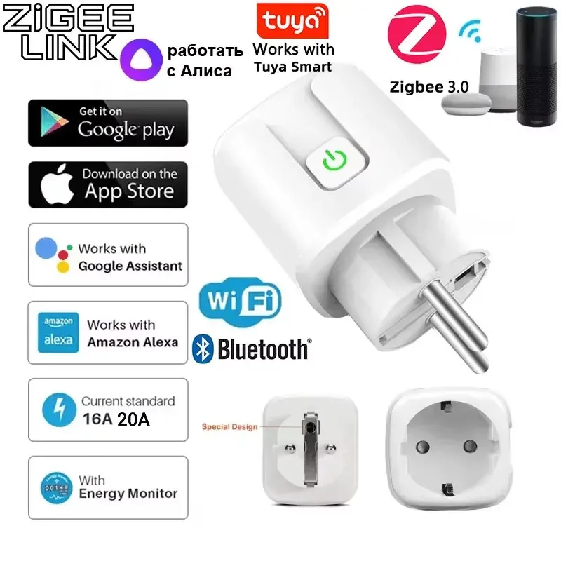 Tuya ZigBee 3,0 EU Smart WiFi Steckdose 16A/20A Power Monitor Timer Funktion Fernbedienung APP Sprachsteuerung google Home Alexa Yandex