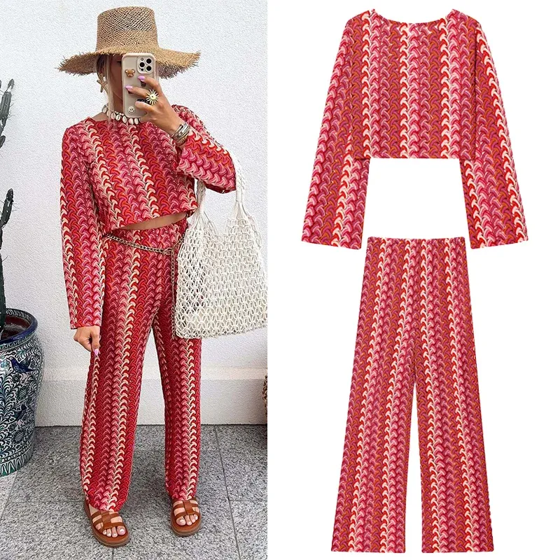 Häkeln Stricken Hose Sets 2 Stück Für Frau Outfits 2025 Neue Mode Langarm Top frauen Anzug Casual Zwei stücke Set