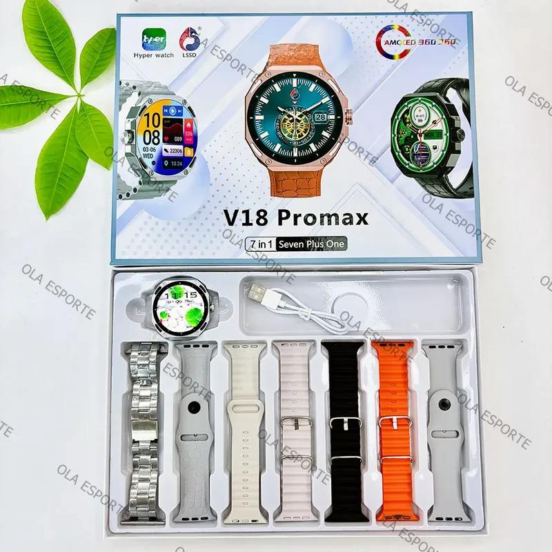 + 7 Stück Armbänder Smart Watch 1,52'' AMOLED-Bildschirm 3D-Menü Herzfrequenz 5 ATM Wasserdicht GPS Telefonanrufe Smartwatch Mann Frauen 2025 Neu