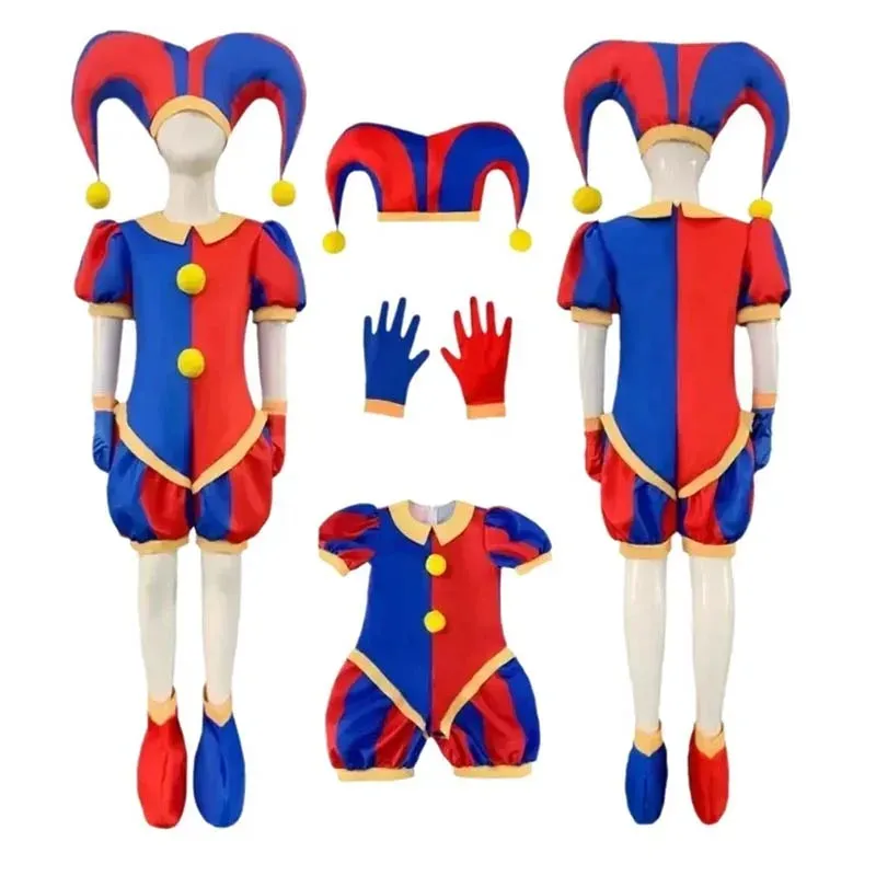 Pomni Cosplay Overall mit Hut aShoes Cover Handschuhe Magische virtuelle Zirkus-Outfits für Halloween Karneval Zirkus Pomni-Kostüme