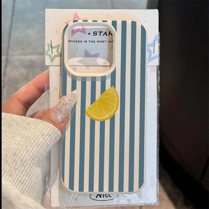 Für iPhone 17 16 15 14 13 12 11 Pro Max Hülle Blau gestreift Zitronenfrisches Muster Cover für iPhone XS X XR 16 Plus 16e Soft Funda