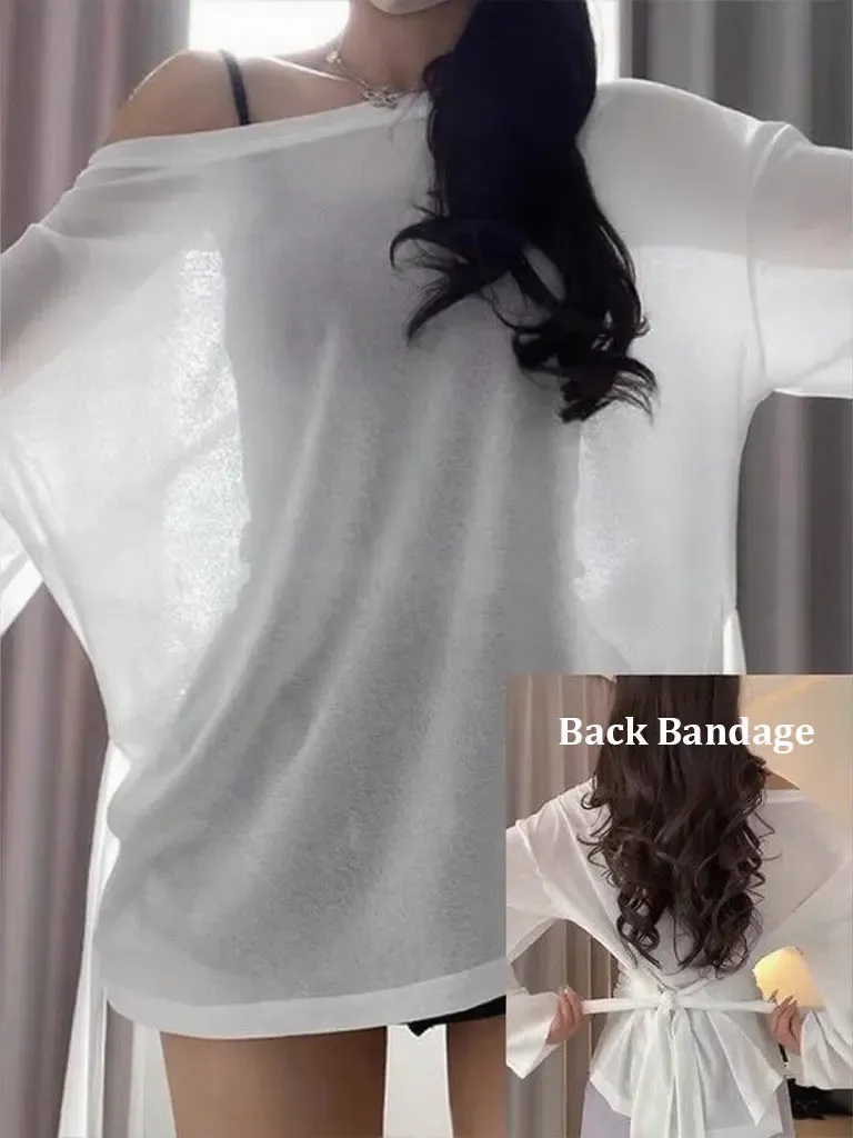 Sehen Durch Lange hülse Oversize T shirt Frauen Sexy Back Bandage Off schulter Top Weibliche Grundlegende Lange Tees Koreanische Chic dame Neue