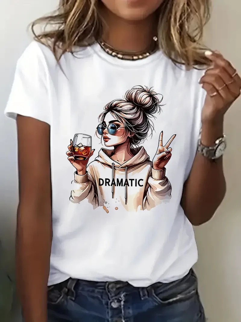 Streetwear 90er Jahre Damen Casual Grafik T-Shirt „Dramatic“ Print mit Wein Print Kurzarm T-Shirt Kleidung Top T-Shirt
