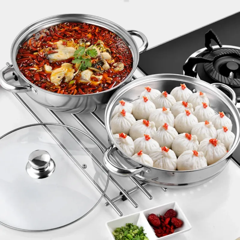 Edelstahl 2-Schicht-Dampfgarer 27cm/11 Zoll Doppelkocher Suppen-Dampfgarer Küchenzubehör Kochgeschirr-Set