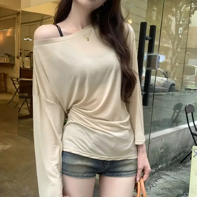 Sexy Dünne Durchsichtig Langarm Oversize T-shirt Frauen Verband Off schulter Top Weibliche Grundlegende Lange Tees Koreanische Chic Dame Neue